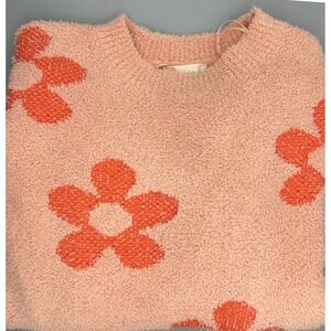 Altar'd State Fuzzy Knit Sweater Long Sleeve Crew Neck XS Pink Peach Floral